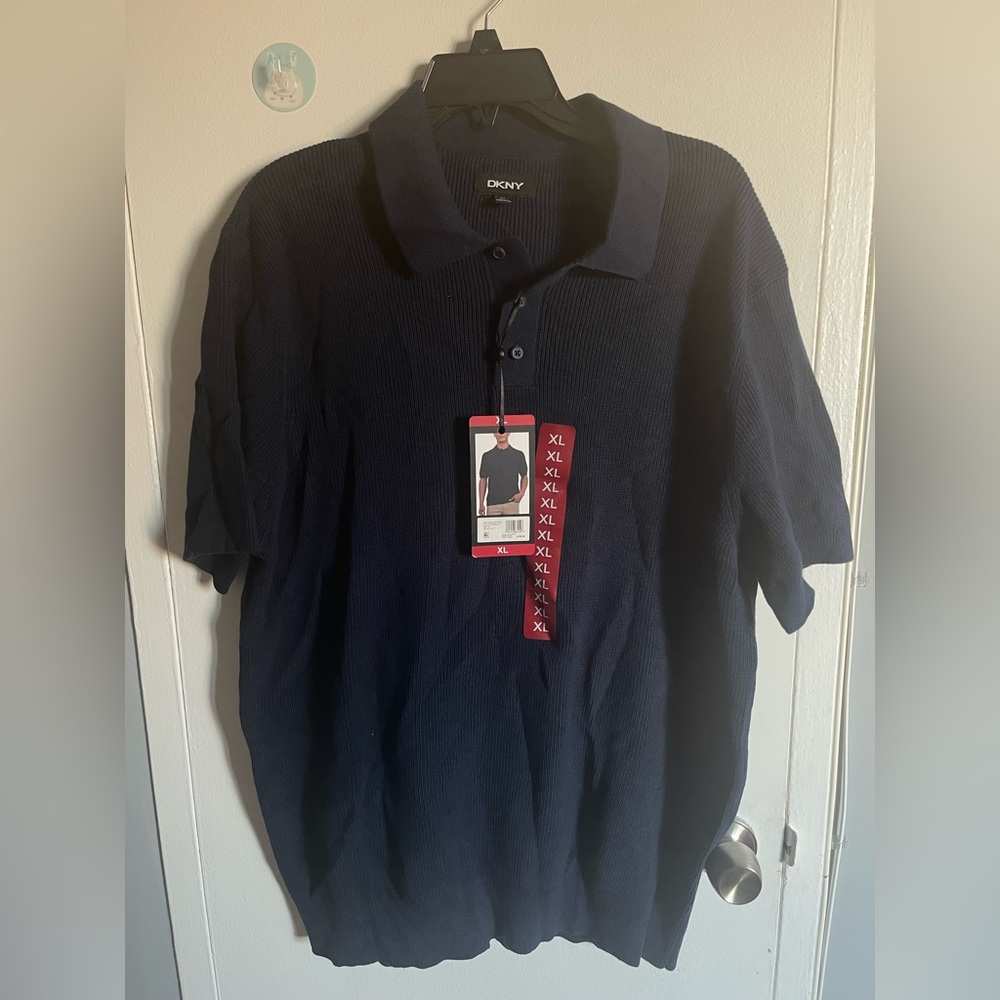 Nwt DKNY Men's Dark Blue Polo Ribbed Shirt Size XL very stretchy 100% cotton